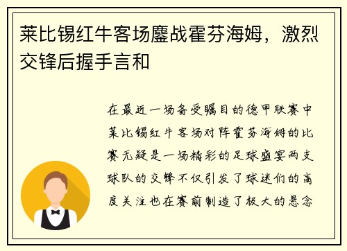 莱比锡红牛客场鏖战霍芬海姆，激烈交锋后握手言和