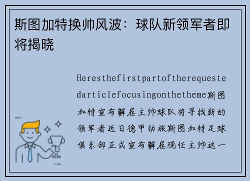 斯图加特换帅风波：球队新领军者即将揭晓